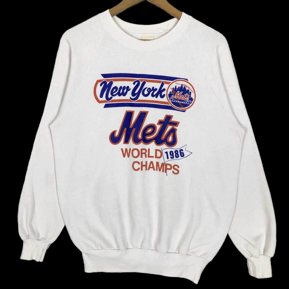 image of 80's Mlb New York Mets Crewneck Sweatshirt Big Logo in White, Men's (Size Small)