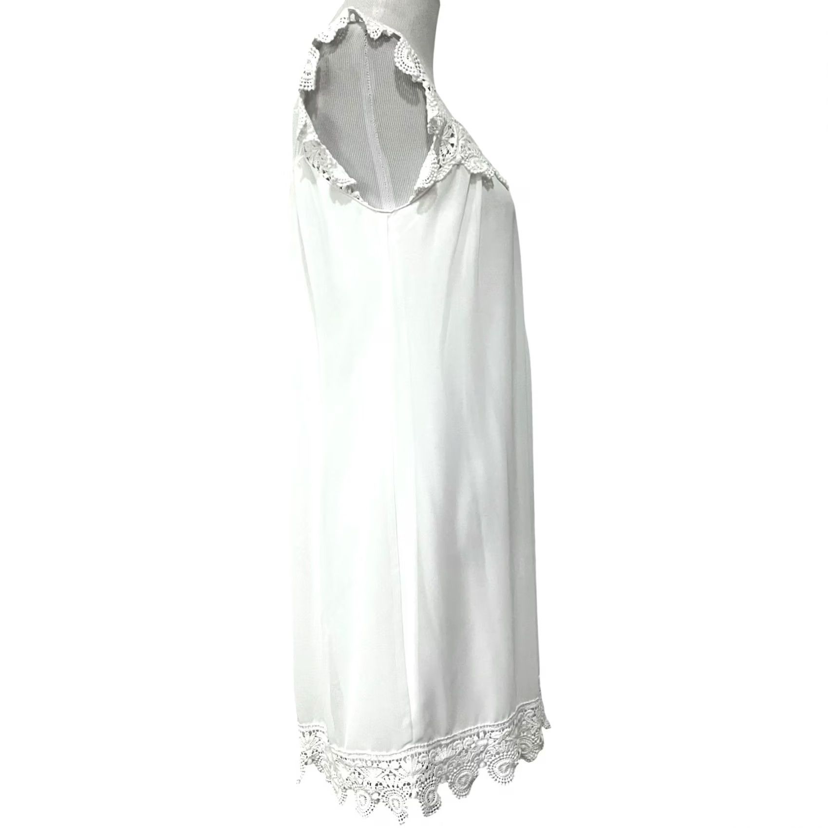 Vintage City Triangles Women's White Mini Shift Dress Chiffon Lace Trim Size M Mid 35" Length White Womens Shift Dress Size M / US 6-8 / IT 42-44 - 5 Thumbnail