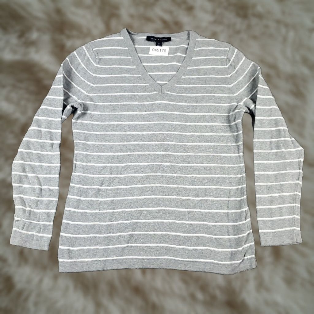 Tommy Hilfiger Tommy Hilfiger Striped Crew Neck Long Sleeve Pullover Womens Medium Gray Cotton T Shirt Size M / US 6-8 / IT 42-44 - 1 Thumbnail