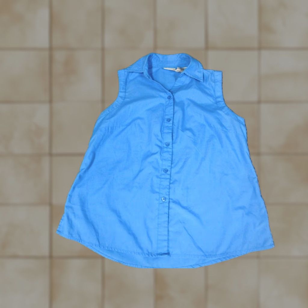Vintage White Stag Womens Button-Up Shirt Small Blue Crew Neck Cotton Polyester Rayon Solid Ruffle Casual Size S / US 4 / IT 40 - 1 Thumbnail