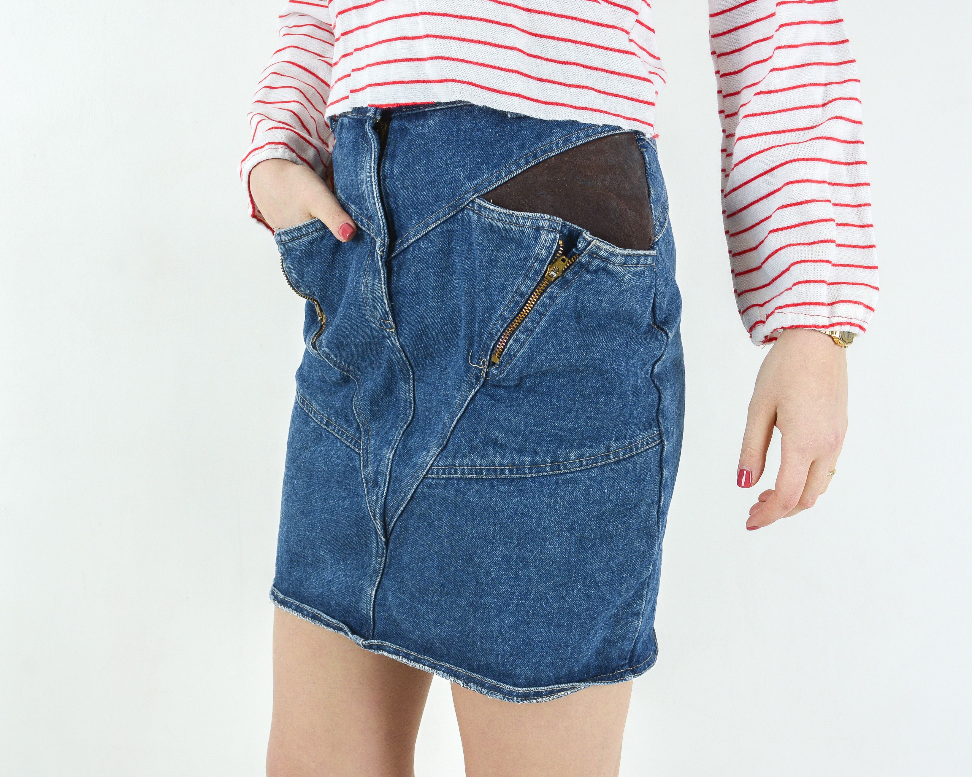 Other × Vintage A&A Short Denim Skirt Mini Skirt High Waisted Pencil Jean Size 27" / US 4 / IT 40 - 2 Thumbnail