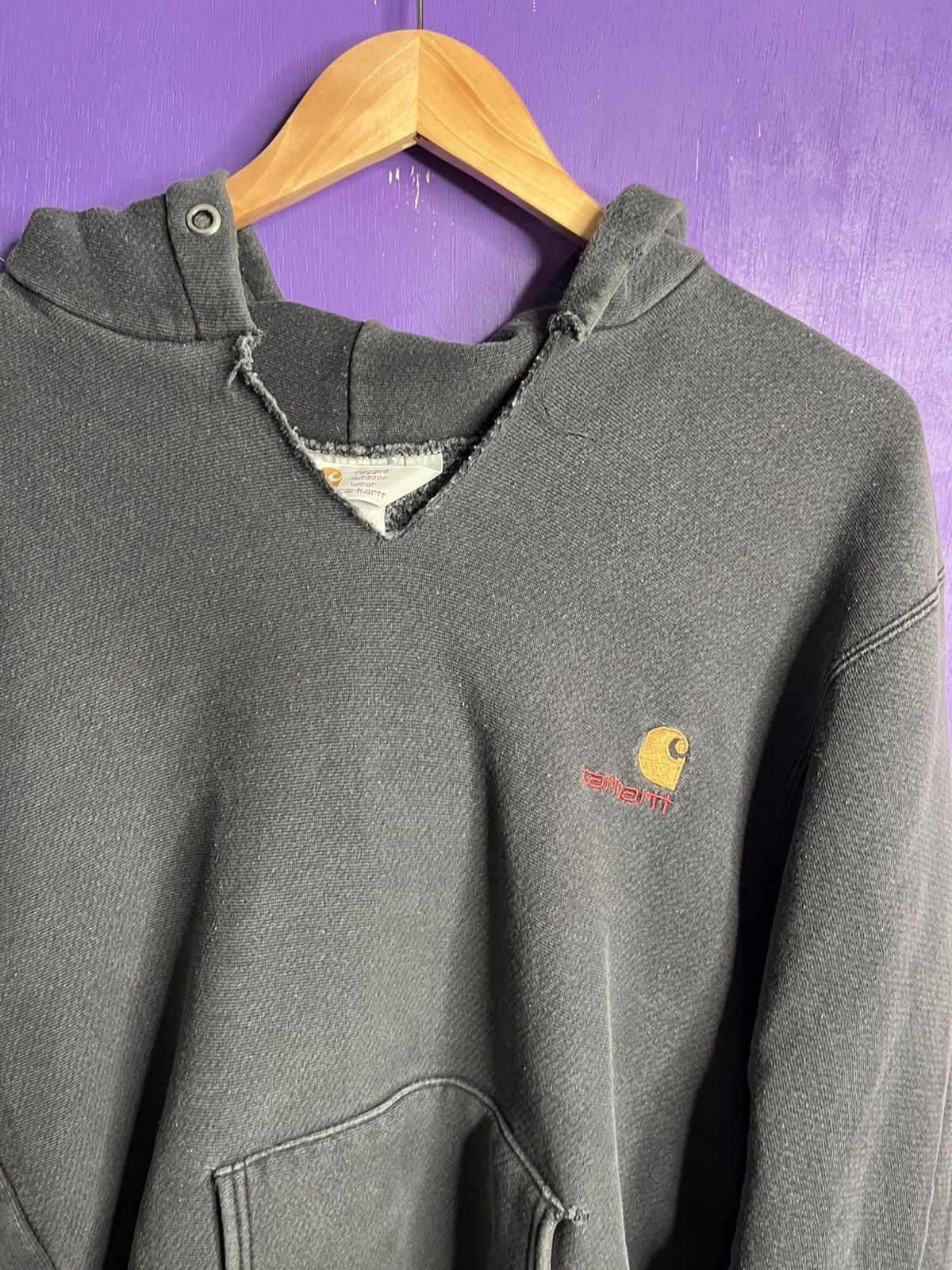 Carhartt × Vintage Vintage 90s Carhartt cut neck chest logo hoodie Size US L / EU 52-54 / 3 - 3 Thumbnail
