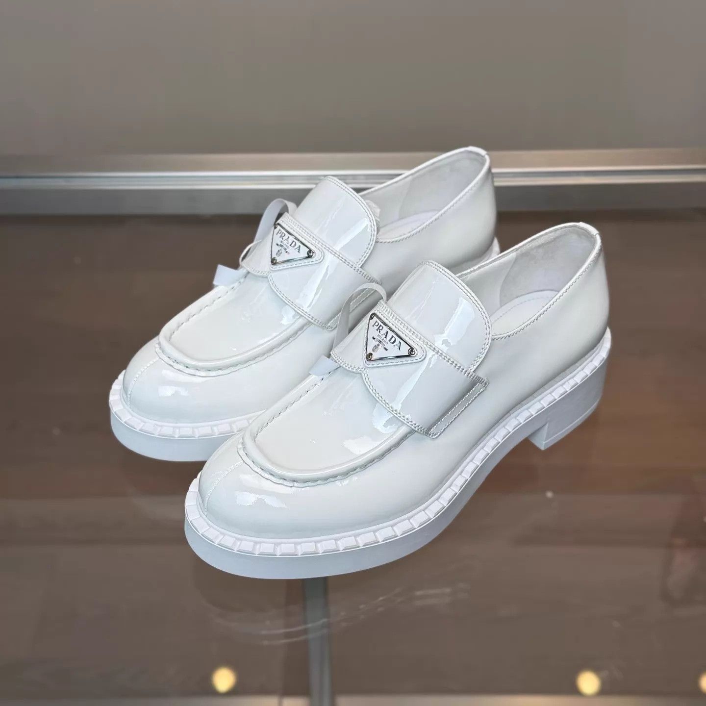 Prada Prada Chocolate White Patent Leather Loafer 38 New Size US 7.5 / IT 37.5 - 1 Thumbnail