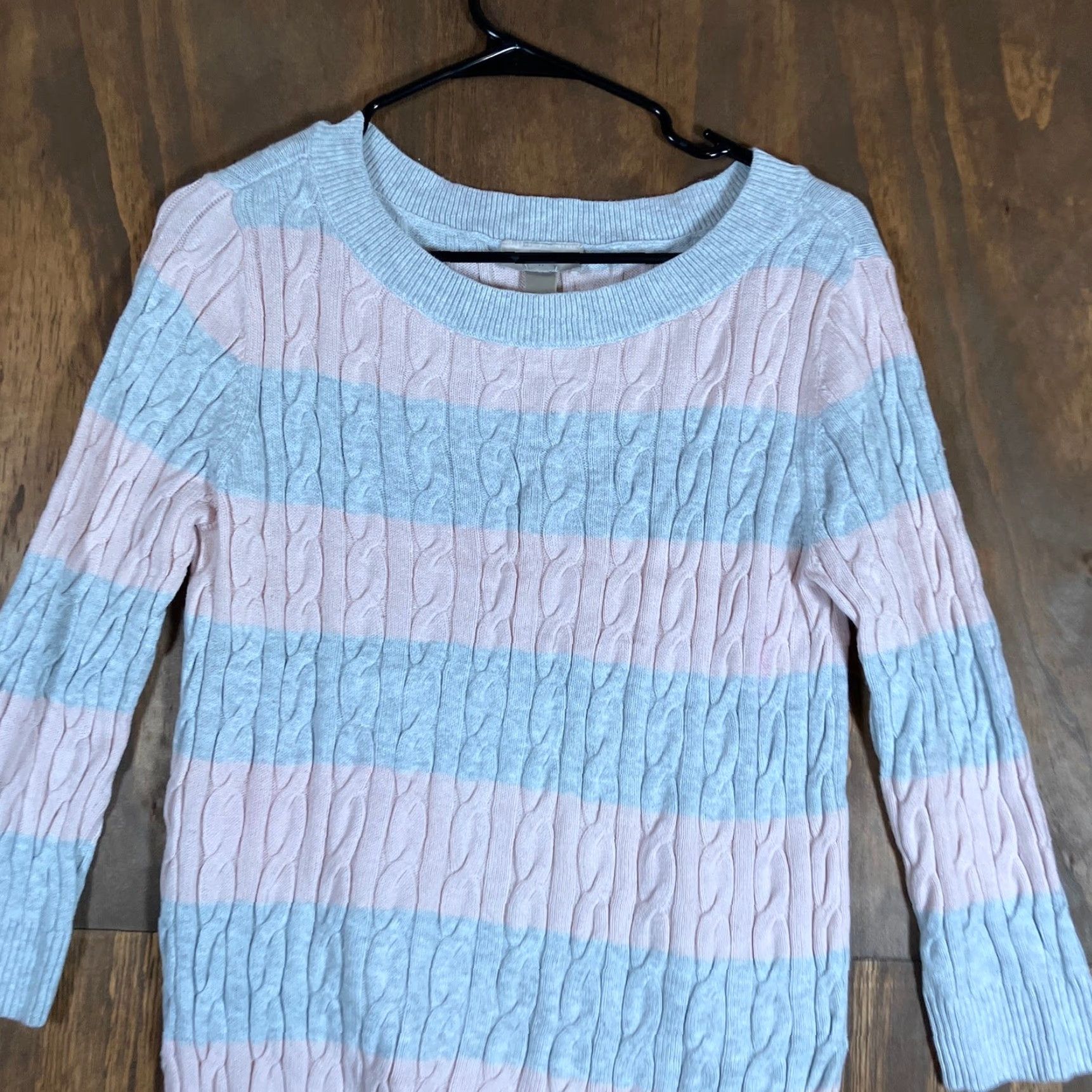 Talbots Ann Taylor Loft Womens Sweater Gray Pink Striped Cable Knit Crew Neck Large Size L / US 10 / IT 46 - 2 Thumbnail