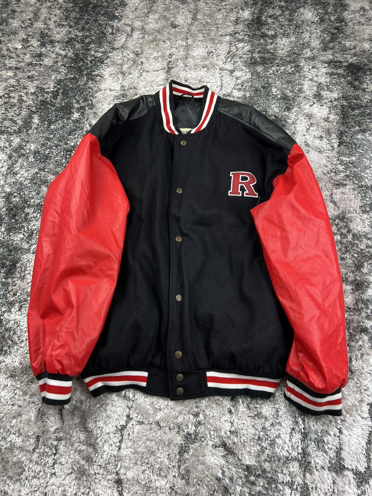 image of Vintage Steve & Barry’S Rutgers Scarlet Knights Varsity Jacket in Black/Red, Men's (Size 2XL)