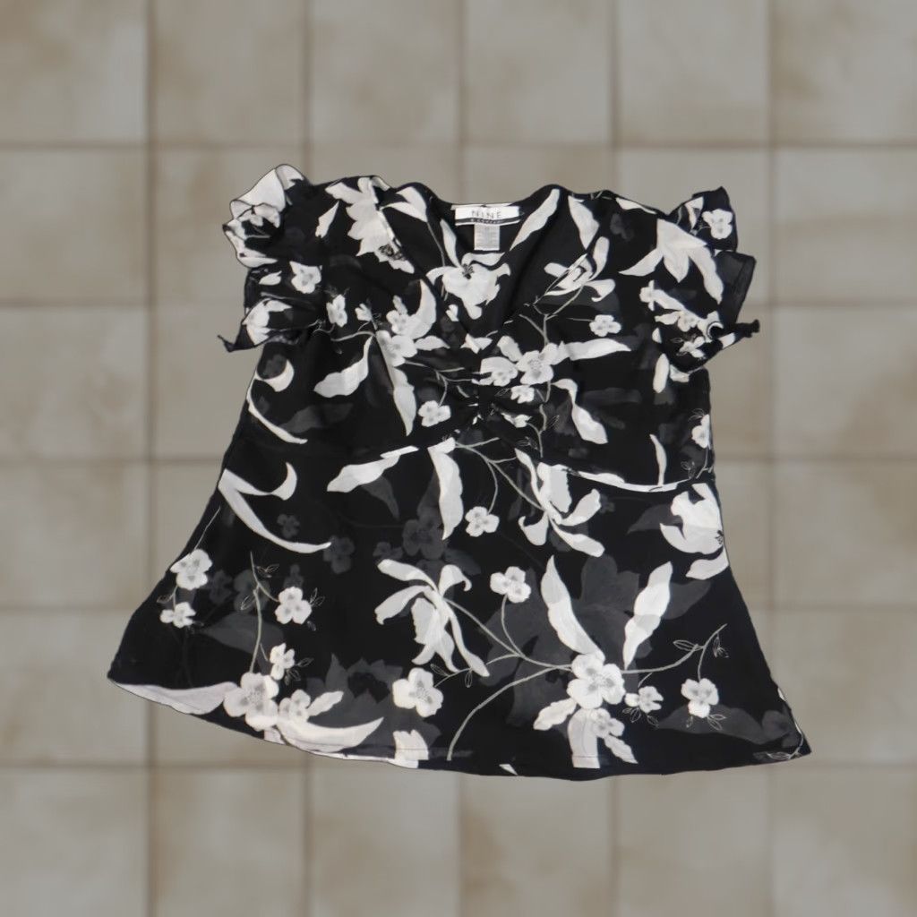 Vintage Nine & Co Womens Blouse 12 Black Floral Short Sleeve Round Neck Pullover Casual Polyester Rayon Classic/Basic Stretch Women Blouse Size XL / US 12-14 / IT 48-50 - 1 Thumbnail