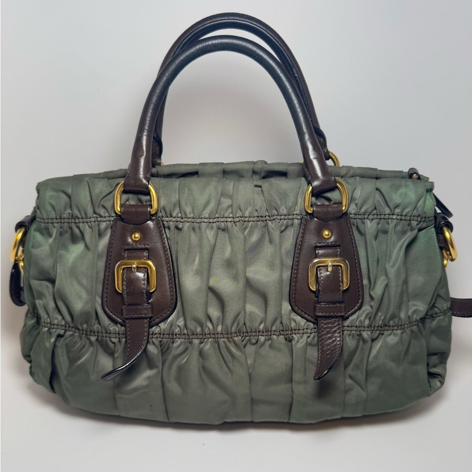 Prada Prada Tessuto Gaufre Olive Green & Brown Leather Satchel Size ONE SIZE - 5 Thumbnail