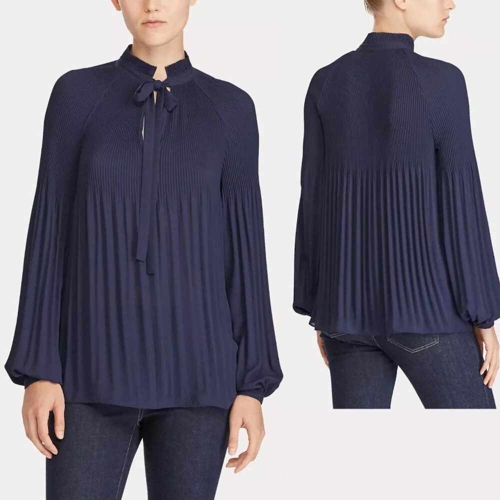 Ralph Lauren Ralph Lauren Pleated Georgette Tie-Neck Blue Blouse Size L Size L / US 10 / IT 46 - 1 Thumbnail