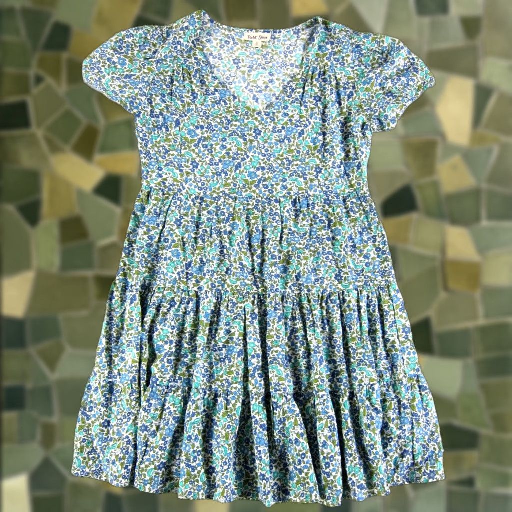 Vintage Violet Skies Dress Violet Skies 100% Rayon Floral V-Neck Short Sleeve Tiered Dress S Green Women Midi Kaftan Sundress (Small) Size 28" / US 6 / IT 42 - 1 Thumbnail