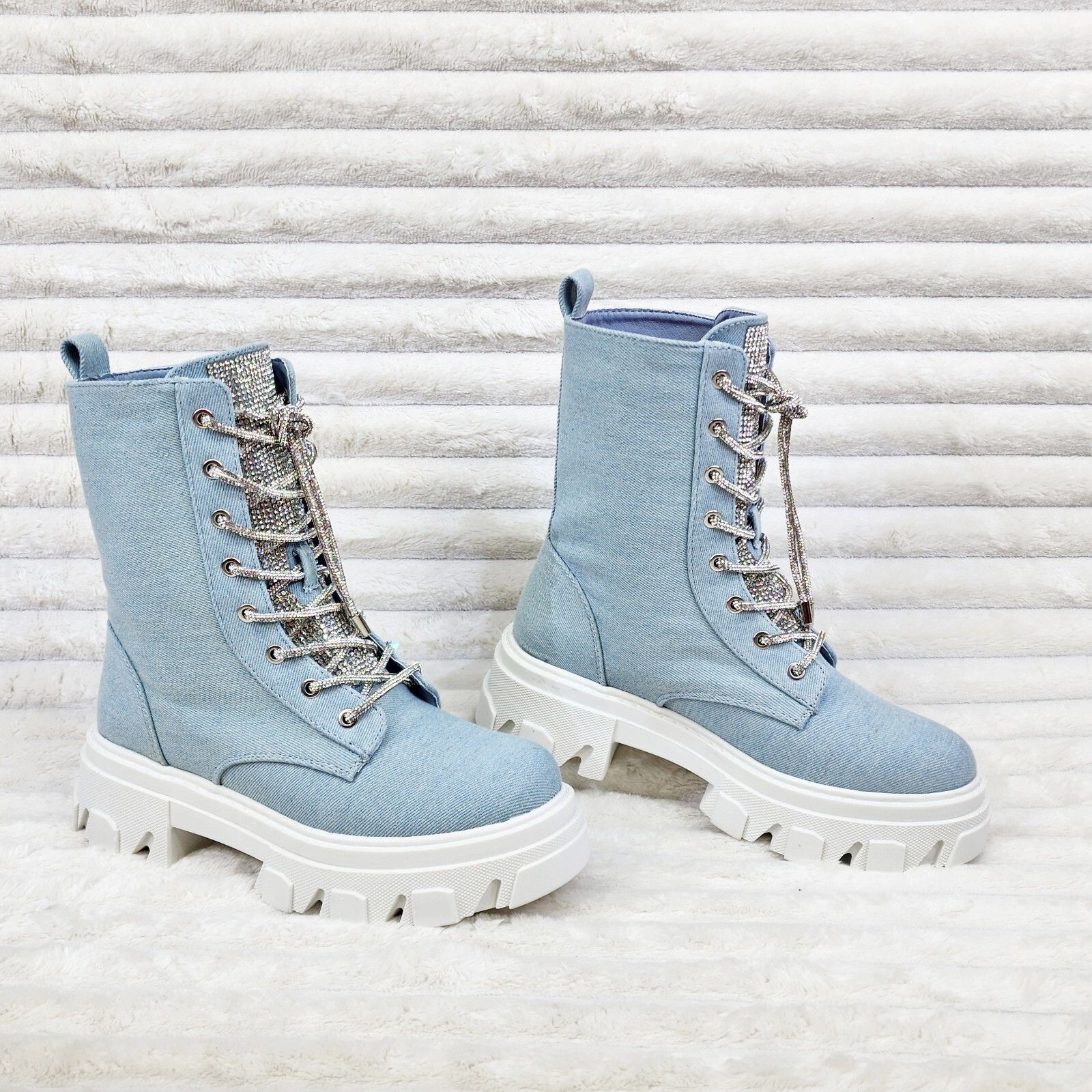 Other Rowan Denim Combat Ankle Boots Iridescent Rhinestone Tongue Size US 9 / IT 39 - 6 Thumbnail