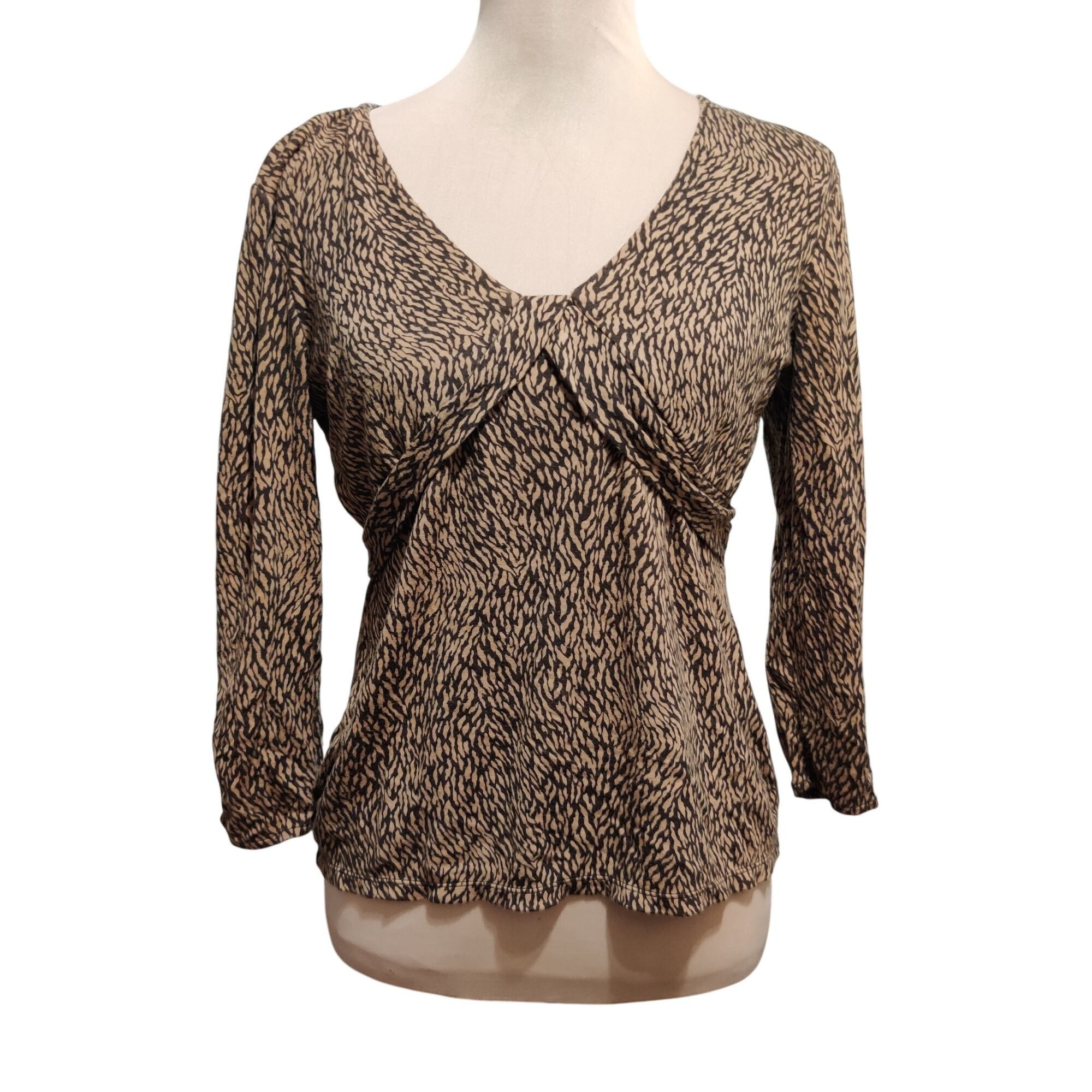 Ann Taylor Ann Taylor M Brown Abstract Print Pleated V Neck Long Sleeve Size M / US 6-8 / IT 42-44 - 1 Thumbnail