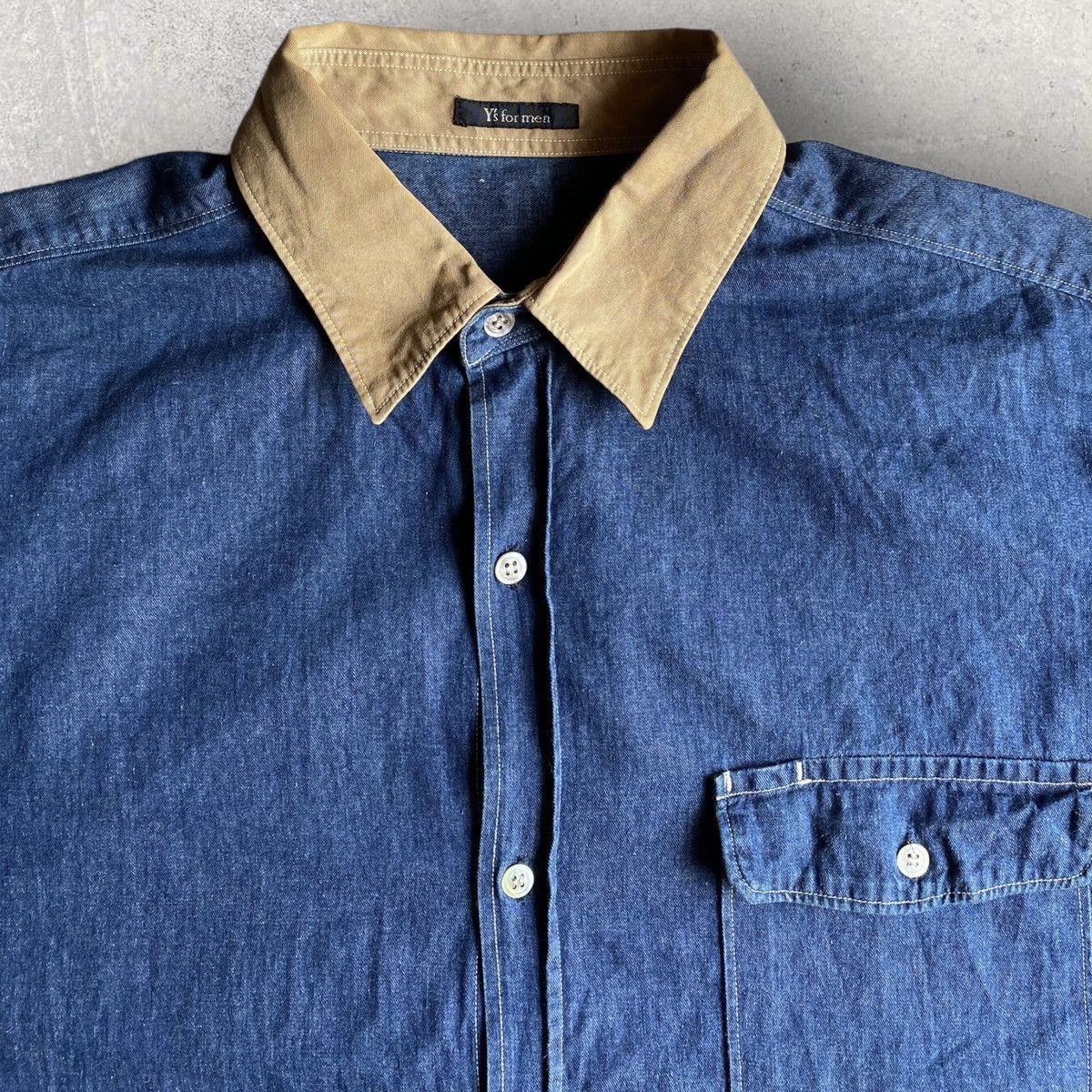 image of Yohji Yamamoto Y’S For Men Contrast Collar And Cuff Oversized Shirt in Blue (Size Medium)