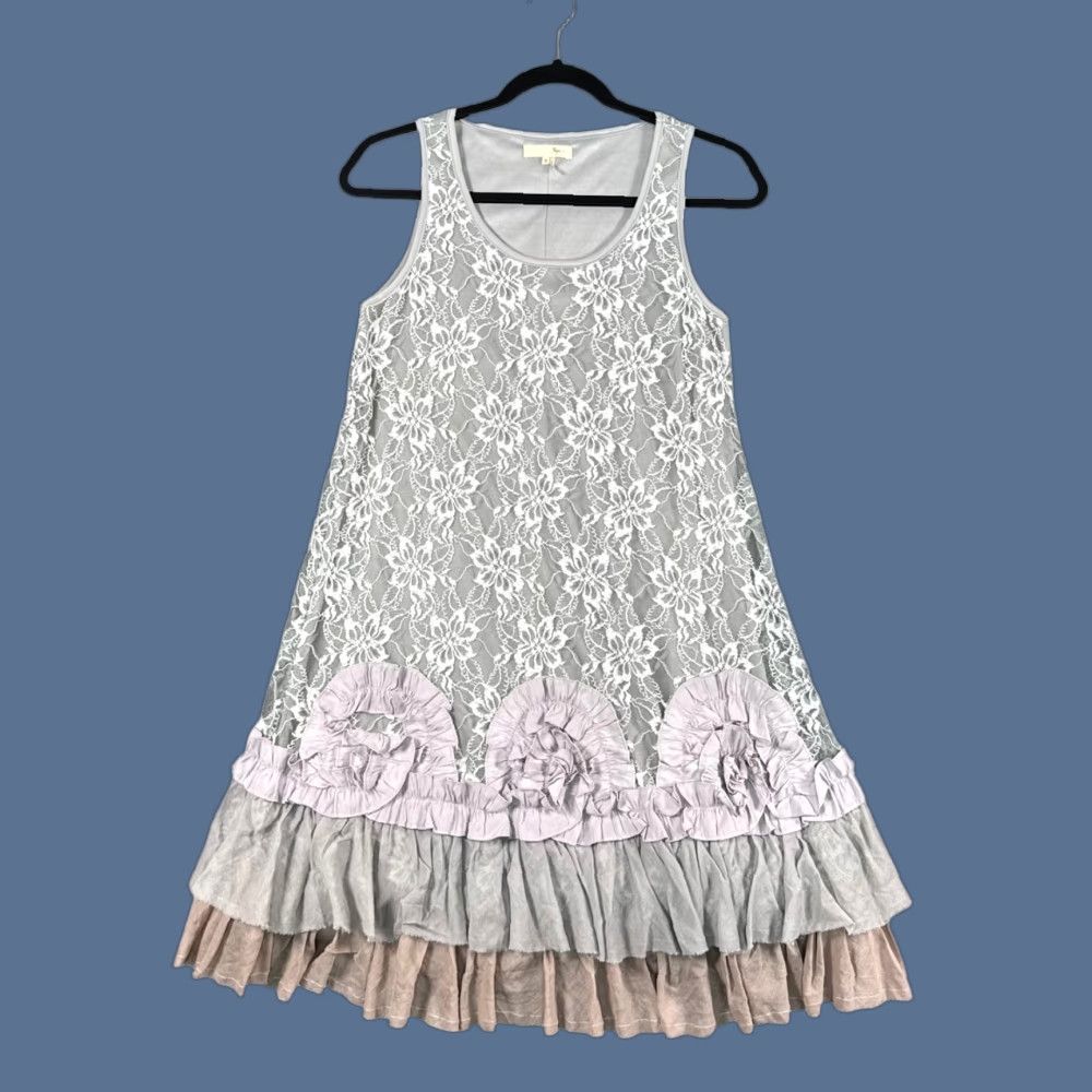 RYU Lace Overlay Dress Women S Gray Indie Boho Romantic Sundress A-Line  Midi Sleeveless Round