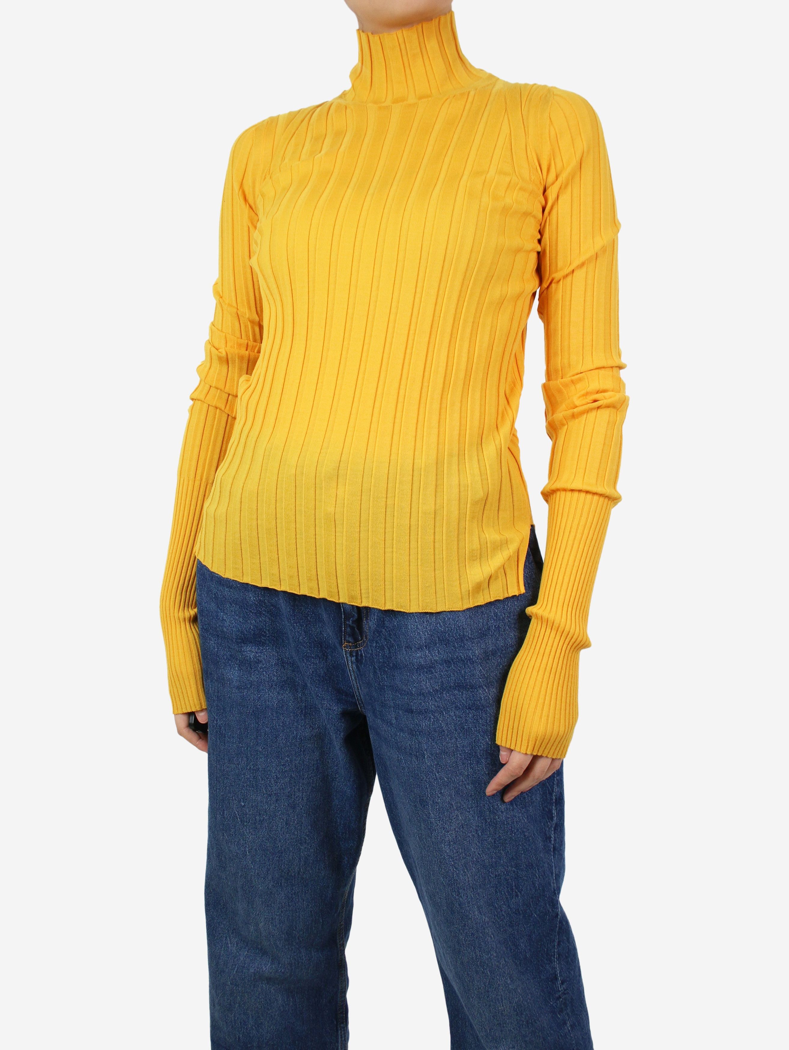 image of Celine Yellow Ribbed High-Neck Top - Size S, Women's