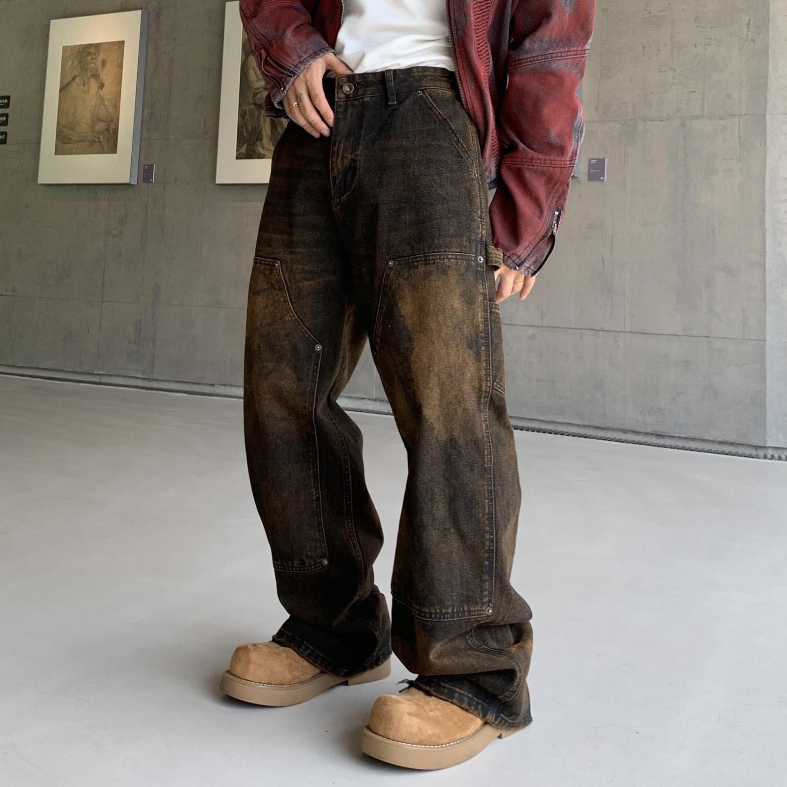 Vintage Brown Baggy Distressed Casual Pants, Wide Leg Denim Size US 32 / EU 48 - 3 Thumbnail