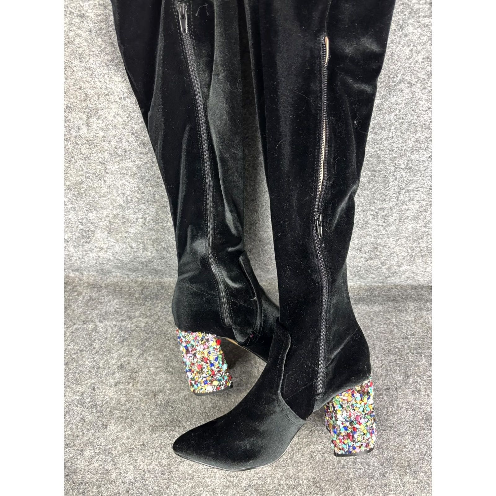 Betsey Johnson VINTAGE Betsey Johnson Boots Womens 7.5 Black Velvet Over Knee Jeweled Block Heel Size US 8 / IT 38 - 5 Thumbnail