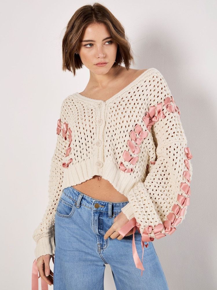 Handmade Handmade Knit Rose Ribbons Crop Cardigan Women's Plus 1X Size XL / US 12-14 / IT 48-50 - 1 Thumbnail