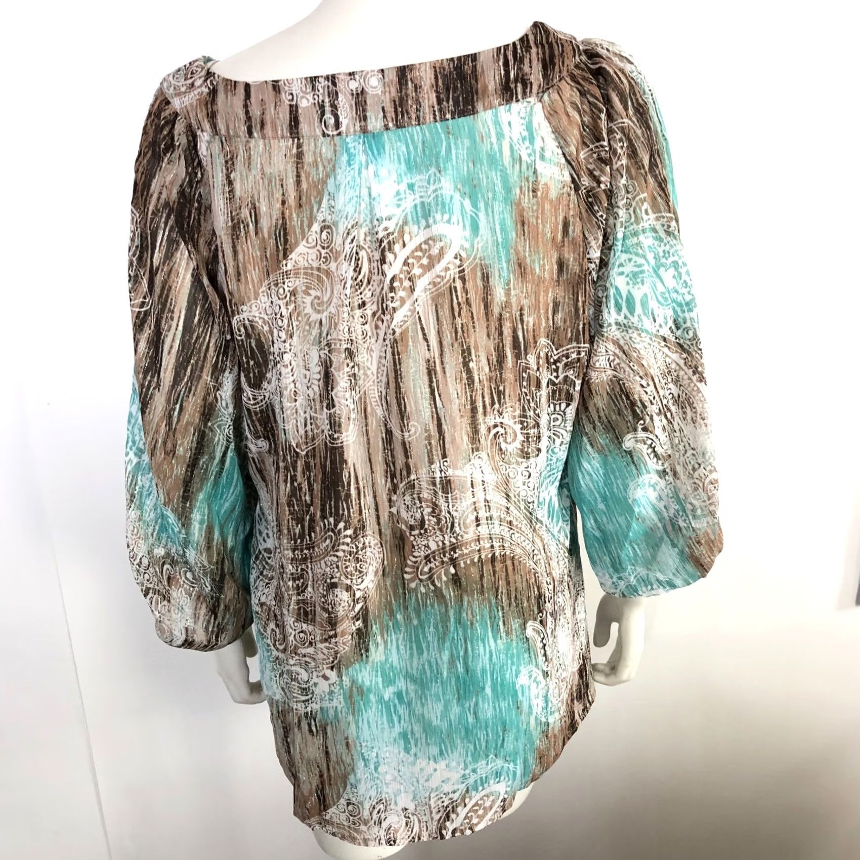 Vintage Dressbarn Blouse Shirt Dressbarn XL Whimsy Smocked BOHO Abstract Top Sheer Sleeve Brown Blue Geometric Long Sleeve Scoop Neck Casual Womens Girls Mens Size XL / US 12-14 / IT 48-50 - 4 Thumbnail