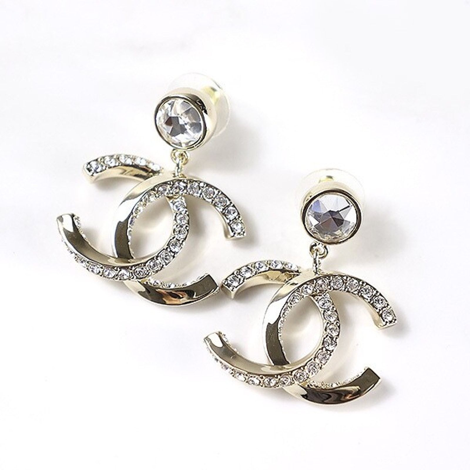 Chanel Chanel Gold Crystal Statement Stud Pendant Drop Earrings Size ONE SIZE - 1 Thumbnail