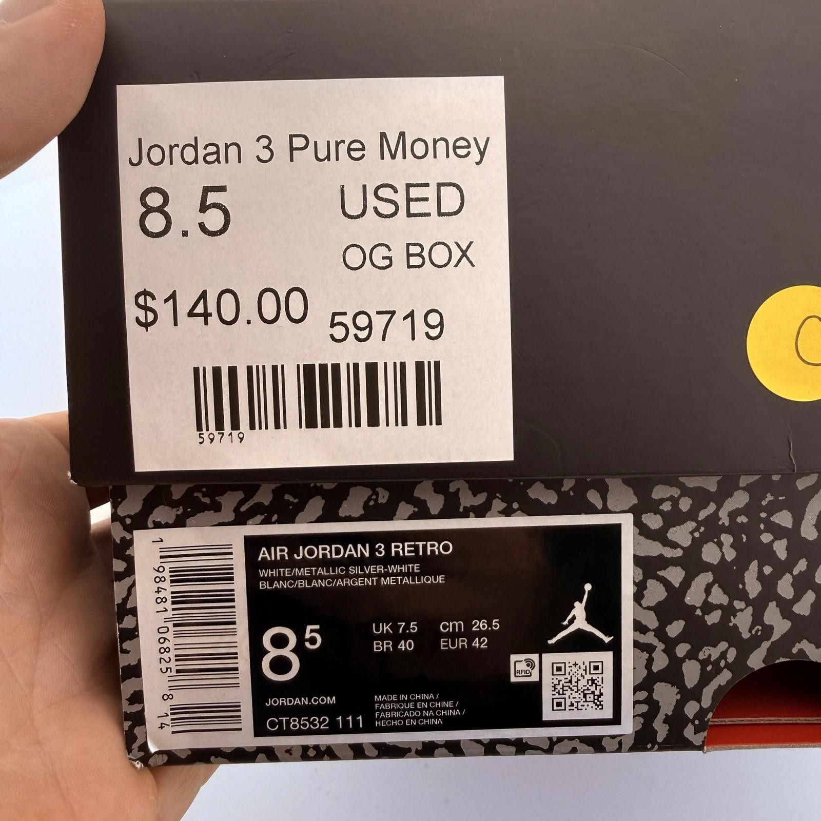 Jordan Brand Jordan 3 Pure Money 8.5 Used OG Box Size US 8.5 / EU 41-42 - 6 Thumbnail