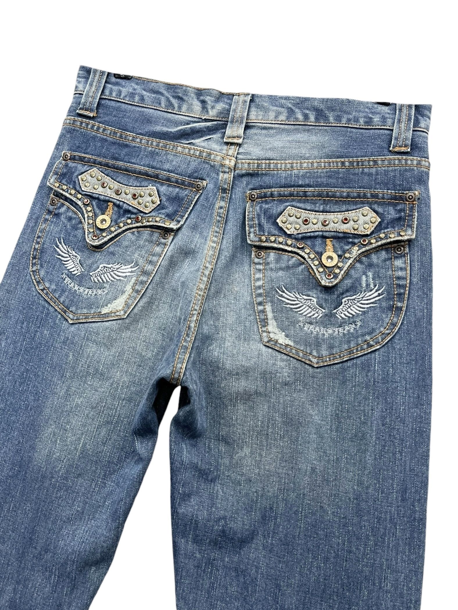 If Six Was Nine FYE🔥NYLAUS Clawmark Whisker Studded Gems Flap Flare Jeans Size US 30 / EU 46 - 4 Thumbnail