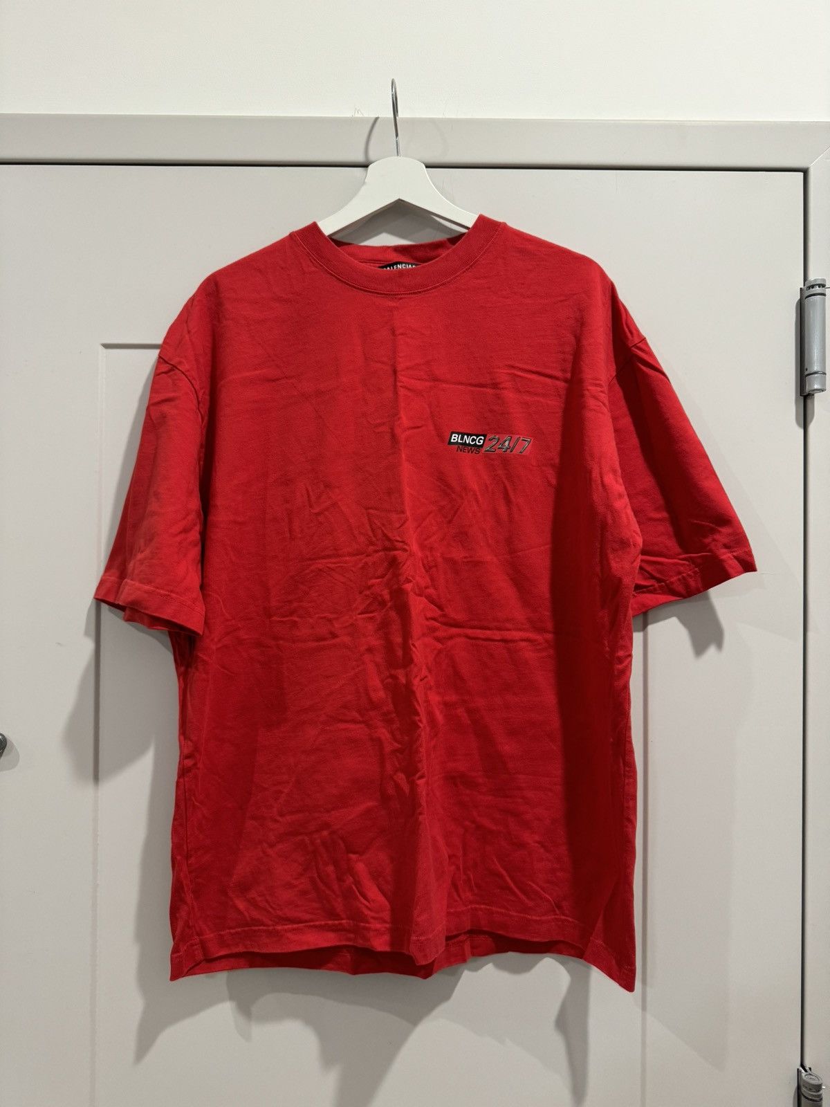 image of Balenciaga 24/7 News Tee in Red, Men's (Size XL)
