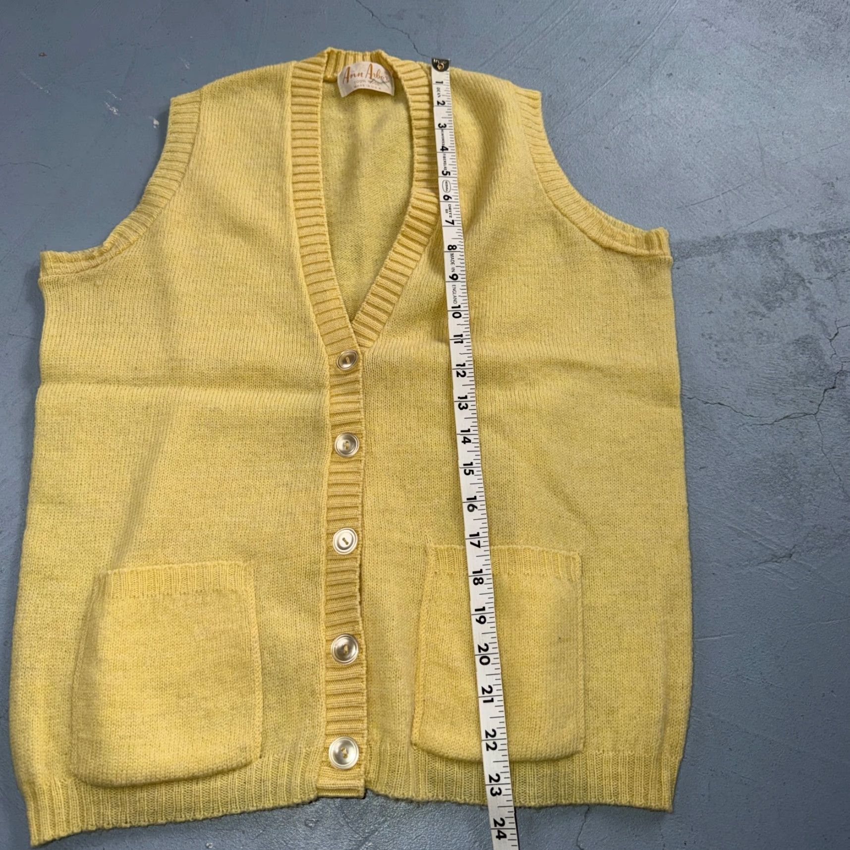Vintage VTG 1960s 1970s Wool Cardigan Sweater Rockabilly Womens Mod Knit Yellow Vest Size M / US 6-8 / IT 42-44 - 3 Thumbnail