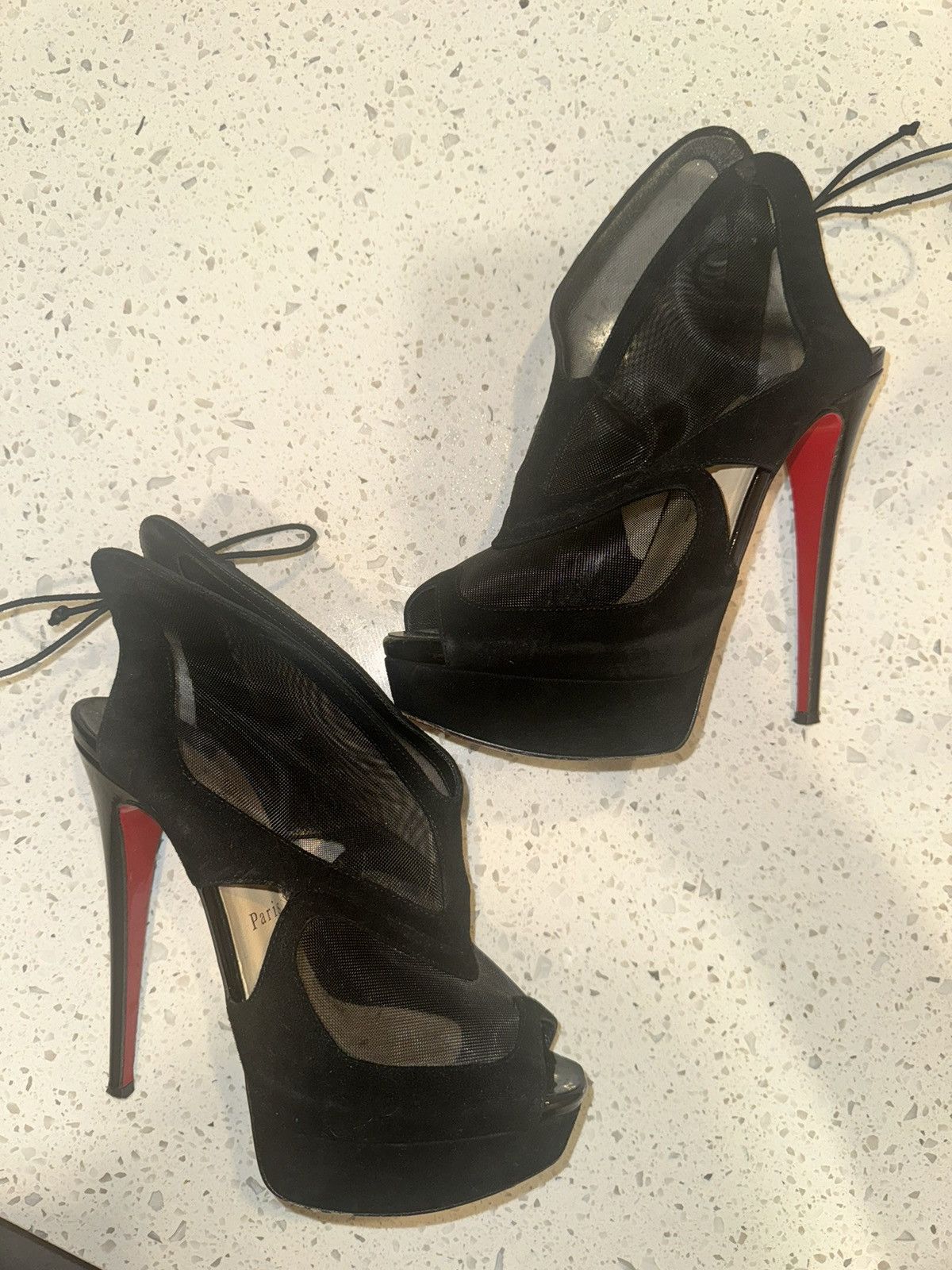 Christian Louboutin Elegance in Black: Mesh Stilettos with Iconic Red Soles Size US 7.5 / IT 37.5 - 4 Thumbnail