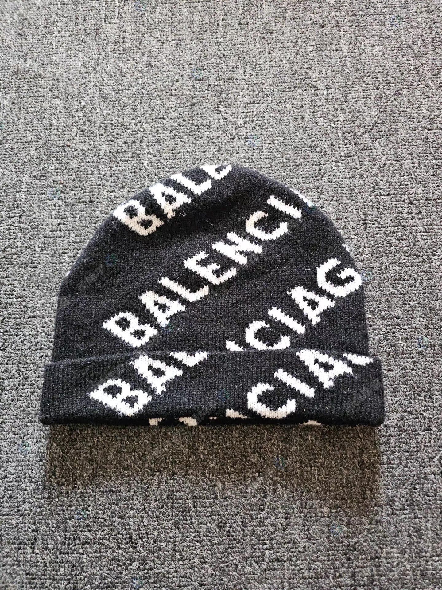 Balenciaga Black Knit Beanie with White Text Pattern Size ONE SIZE - 1 Thumbnail