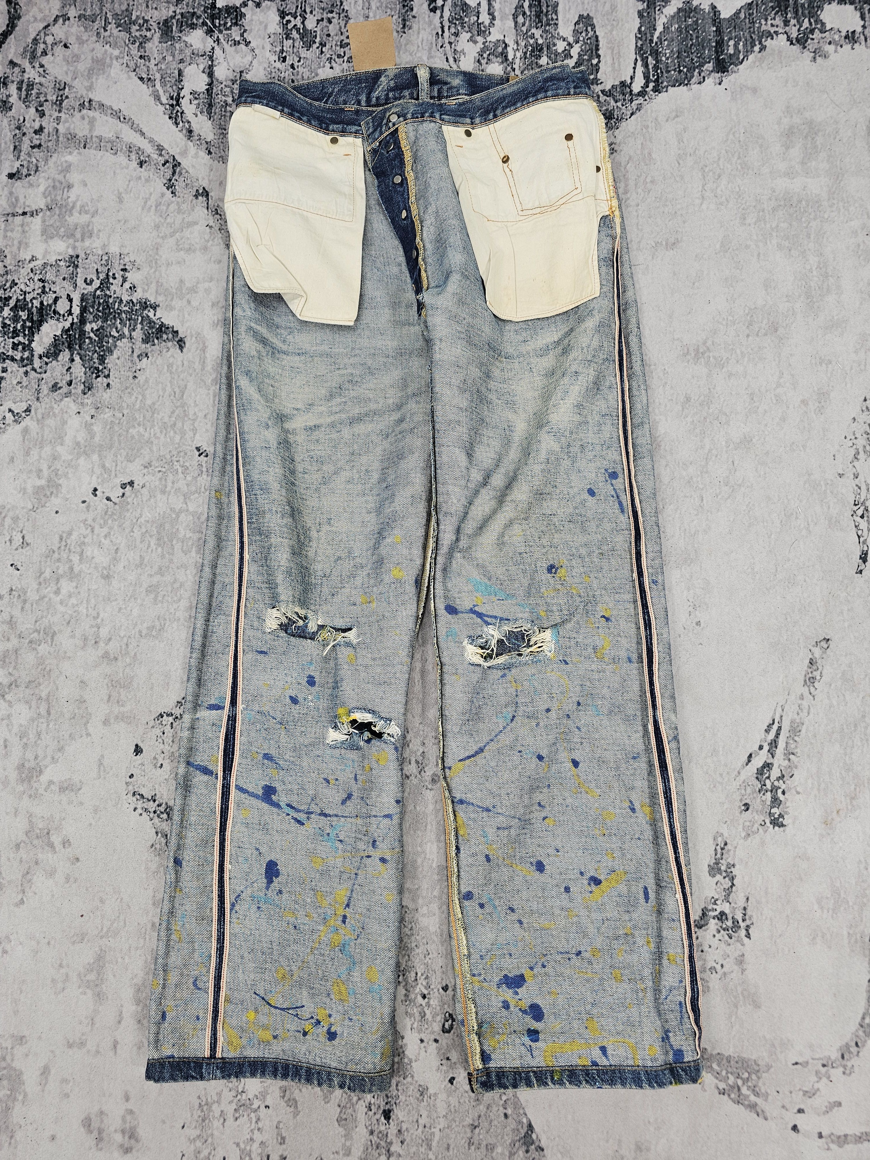 Japanese Brand ACOUSTIC Selvedge Redline Paint Splash Ripped Jeans JB0315 Size US 32 / EU 48 - 3 Thumbnail