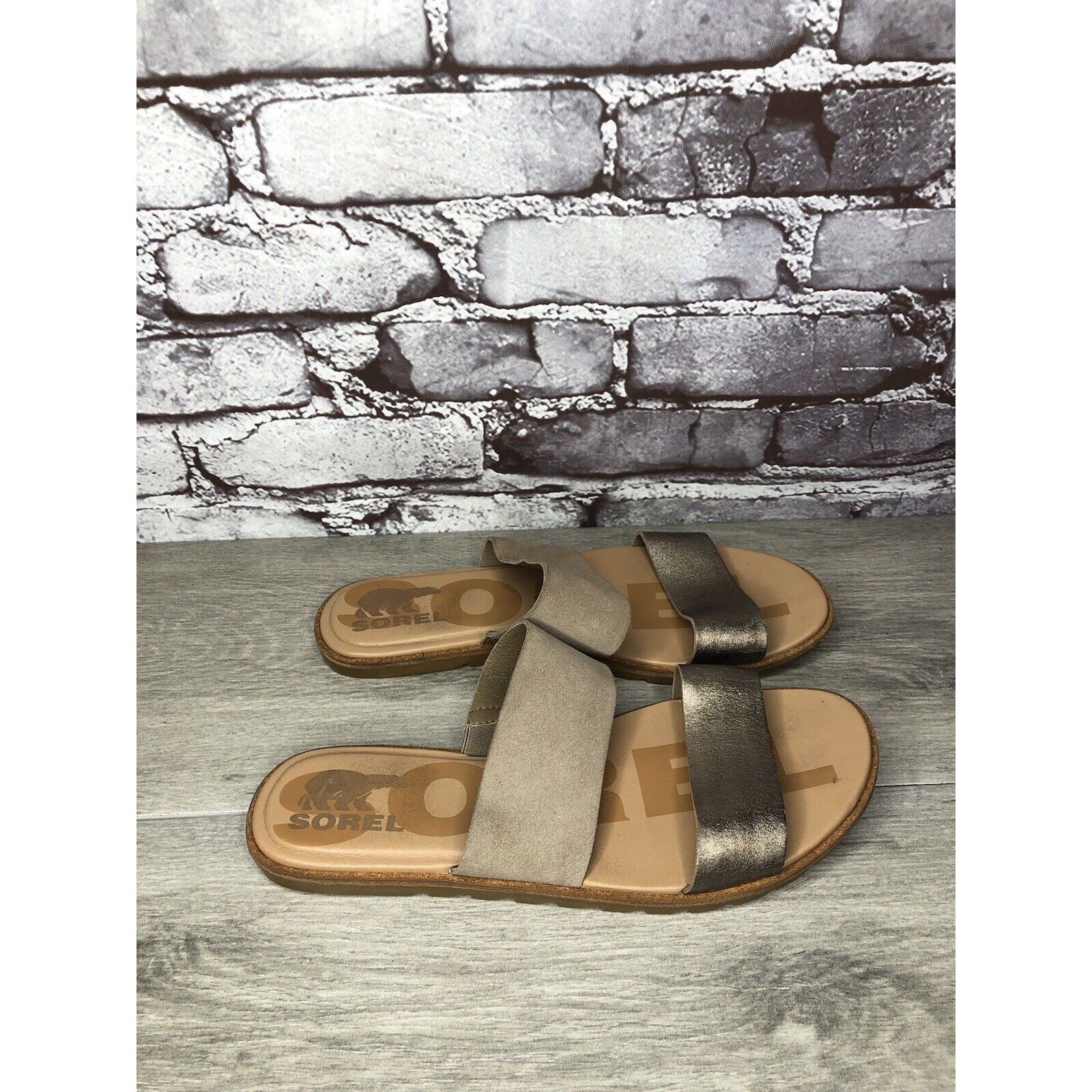 SOREL Sorel Taupe Suede Gold Leather Slides Sandals Women Sz 8.5M Size US 8.5 / IT 38.5 - 3 Thumbnail