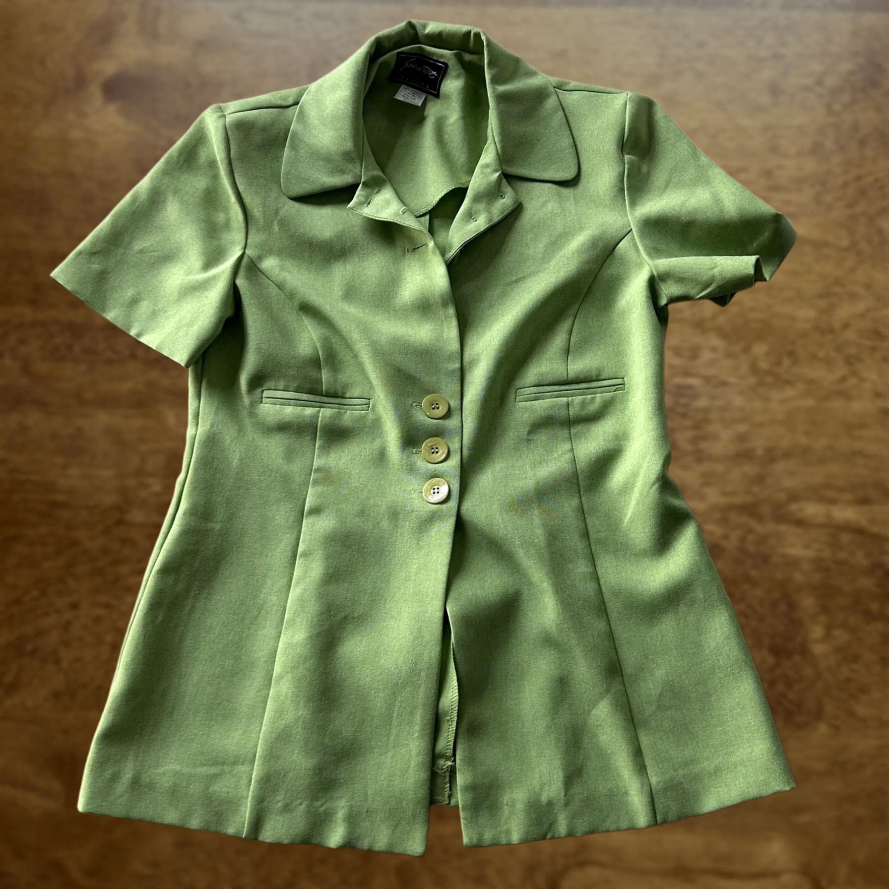 Vintage Sweet Suit Blazer Jacket Womens 8P Green Short Sleeve Notch Lapel Career Work Size 30" / US 8 / IT 44 - 1 Thumbnail