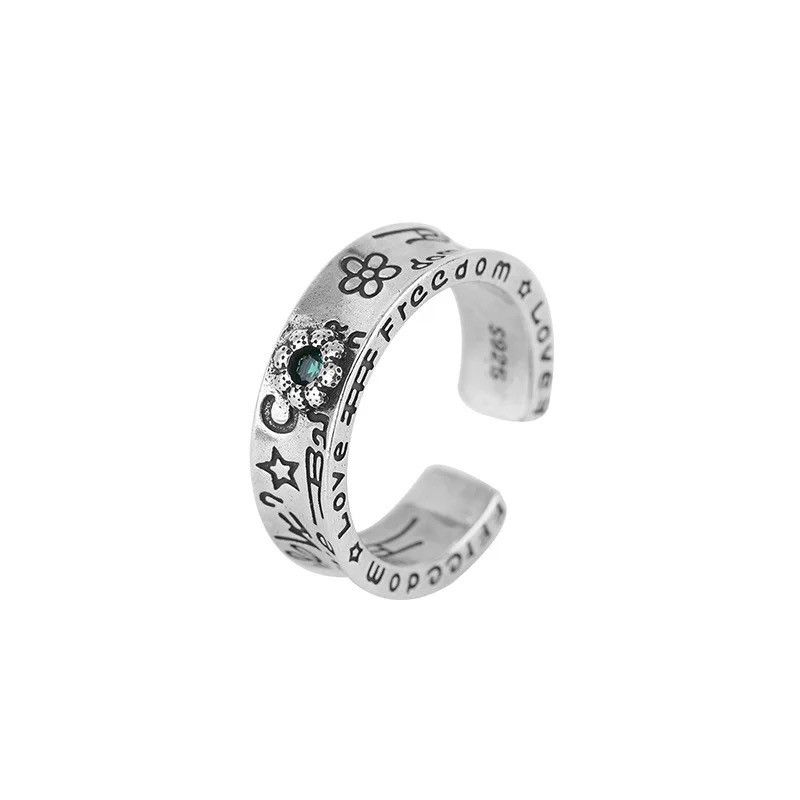 Jewelry × Vintage 925 Sterling Silver Flower Green Crystal Woman Rings Size ONE SIZE - 5 Thumbnail
