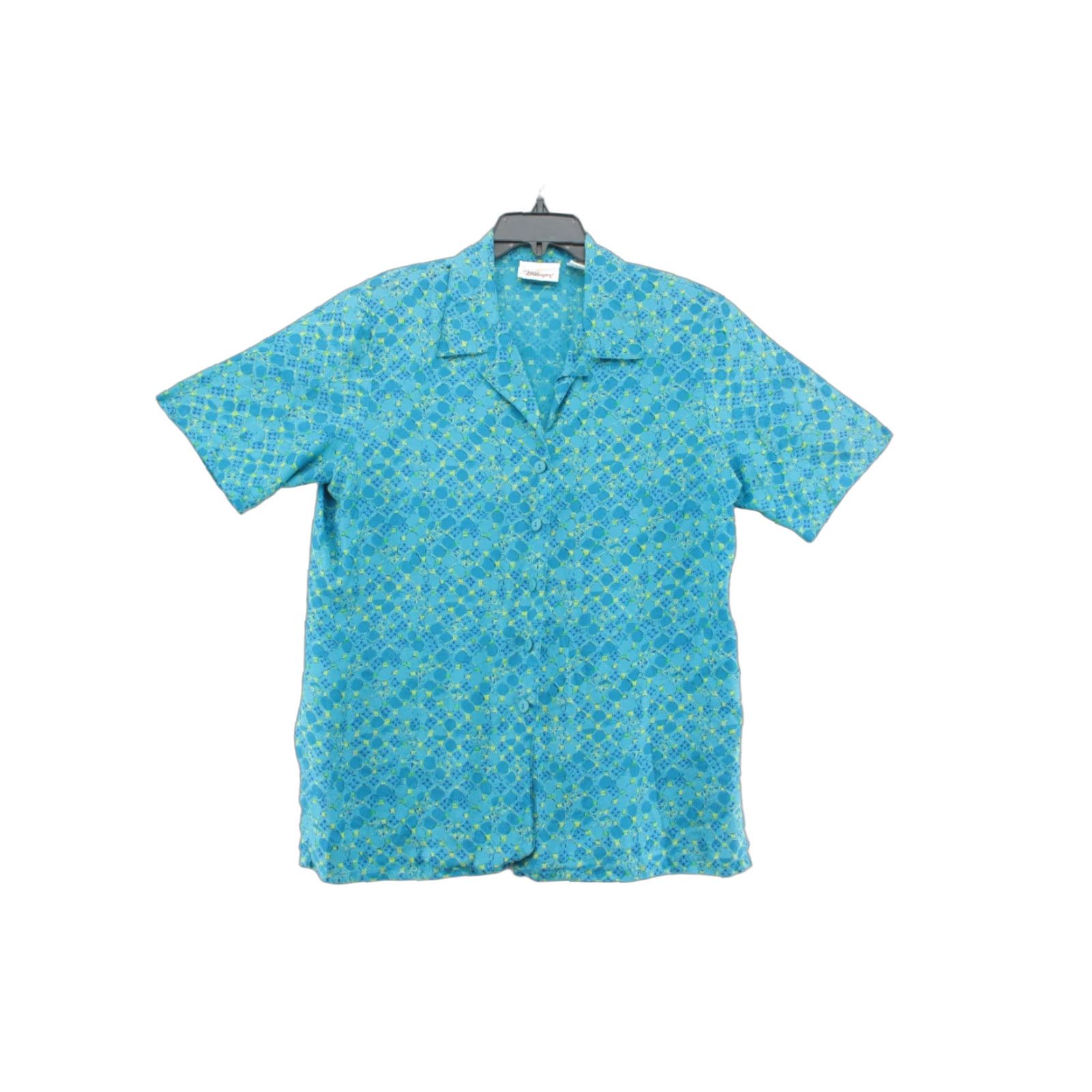 Worthington Worthington Blouse Womens Large Blue Green Silk Short Sleeve Y2K Shoulder Pads Shirt Womens L Blue Silk Short Sleeve Button-Up 90s Bohemian Preppy Size L / US 10 / IT 46 - 1 Thumbnail