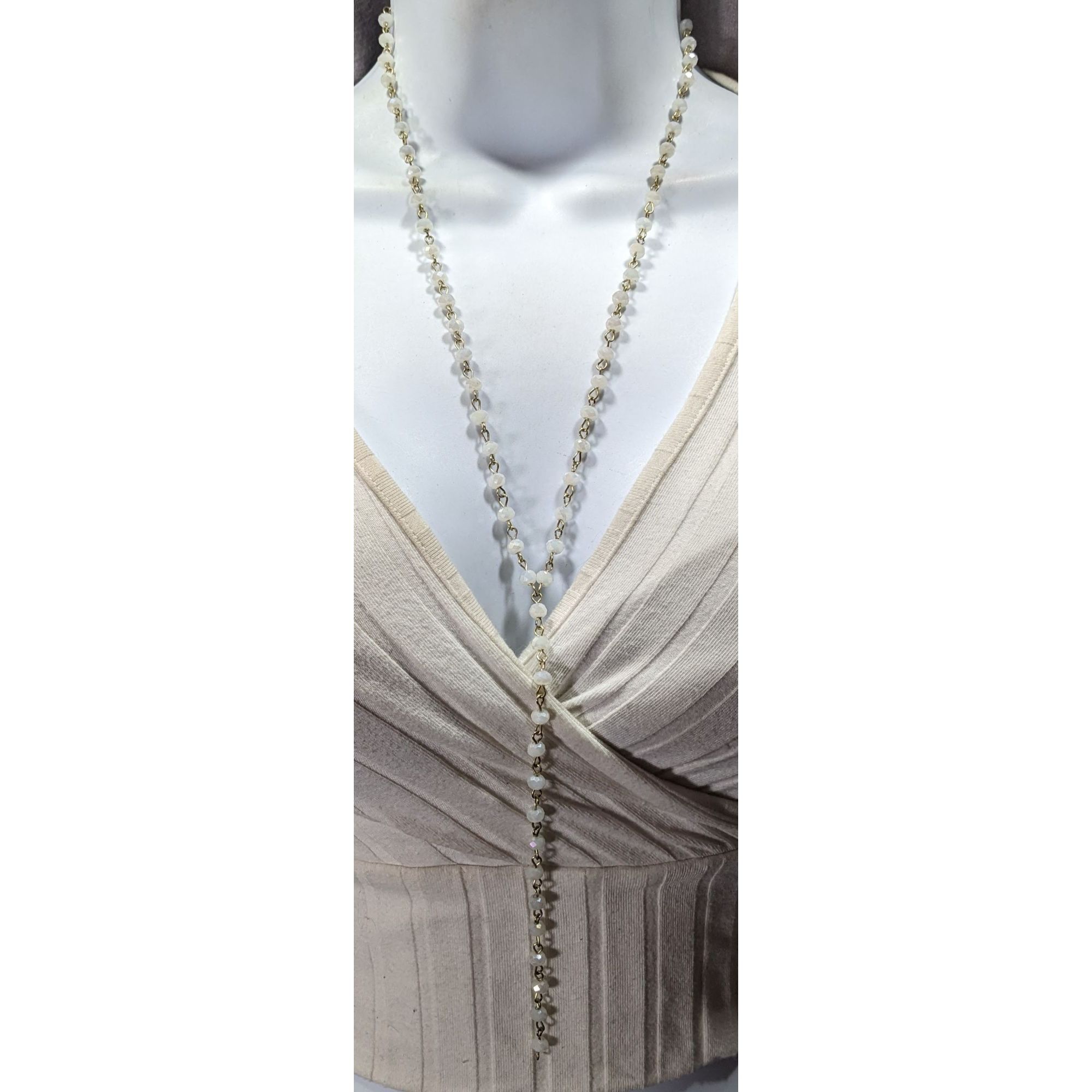 Other Elegant White Glass Beaded Lariat Necklace On Gold Tone Chai Size ONE SIZE - 1 Thumbnail