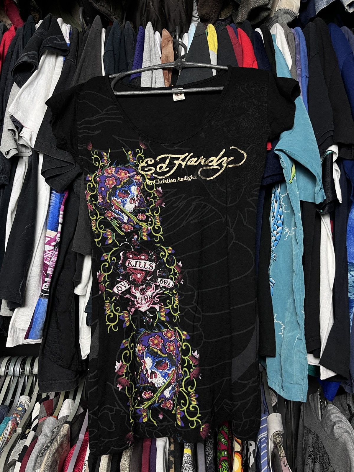 Christian Audigier ED HARDY CHRISTIAN AUDIGIER Y2000K OVERPRINTED DRESS - 1365 Size L / US 10 / IT 46 - 1 Thumbnail