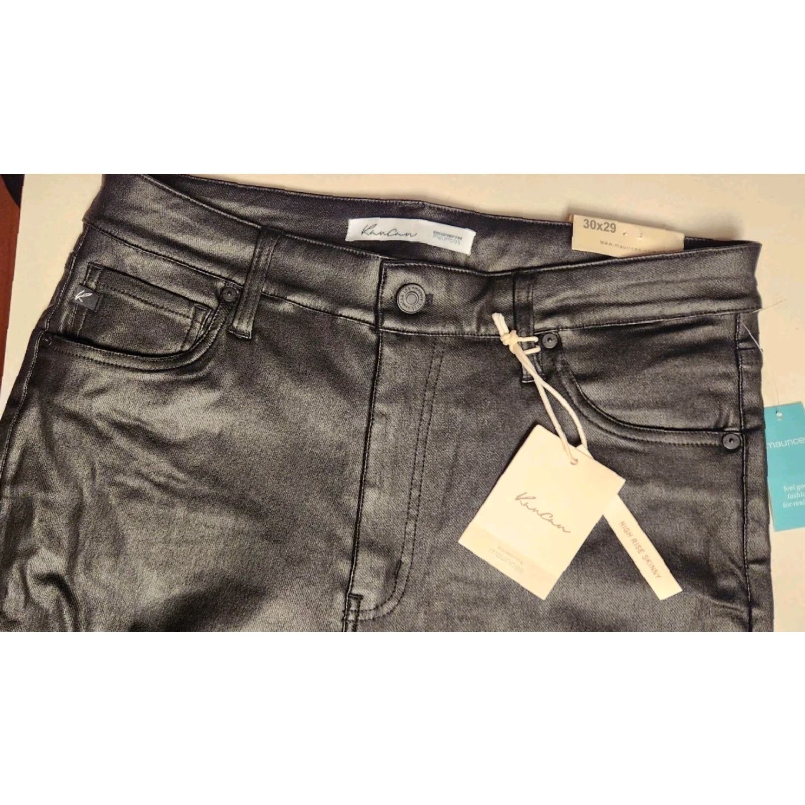 Vintage KanCan Pants Womens 30x29 Black Faux Leather Skinny High Rise Rayon NEW NWT Size 30" / US 8 / IT 44 - 6 Thumbnail