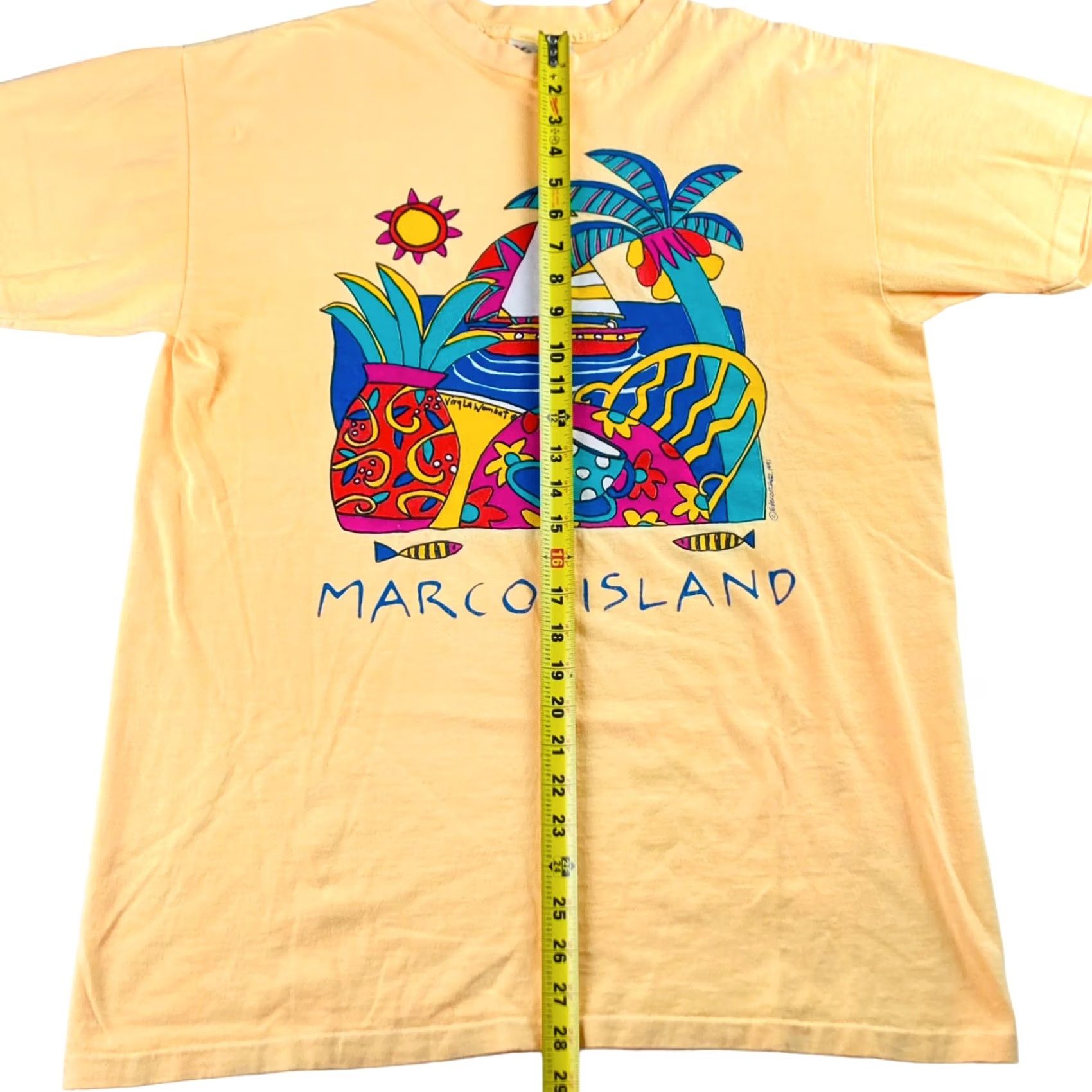 Vintage VTG Marco Island Single Stitch S/S Graphic T-Shirt Yellow Large Unisex 1990s Graphic Tee MTI Sportswear/Beach Mens Womens Size US XL / EU 56 / 4 - 5 Thumbnail