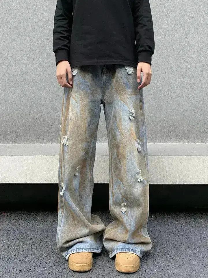 Japanese Brand Dirty Washed Streetwear Baggy Straight Jeans Pants Size US 30 / EU 46 - 2 Thumbnail