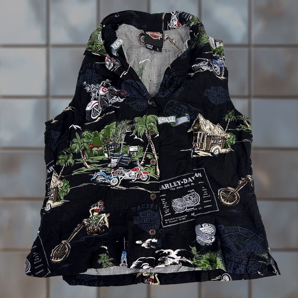 Harley Davidson Harley-Davidson x Tori Richard Large Sleeveless Top Hawaiian Tiki Hut Motorcycle Shirt Women Casual Black 90s 00s? Size L / US 10 / IT 46 - 1 Thumbnail