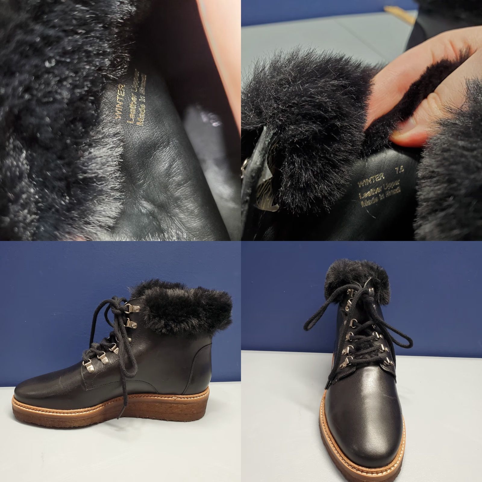 Vintage Botkier Winter Boots Womens Size 7.5 Black Leather Faux Fur Trim Gum Sole Lace Up Boots Size US 8 / IT 38 - 8 Thumbnail