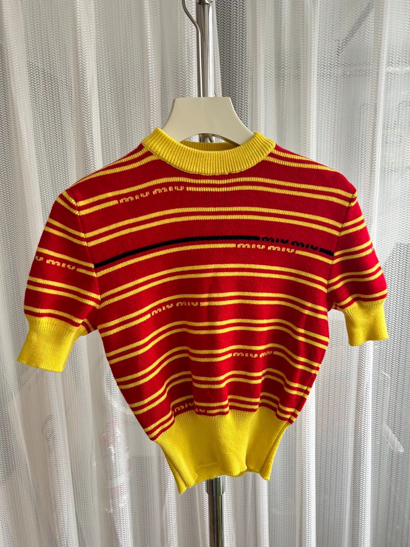 Miu Miu MIU MIU Red-Yellow Colorblocked Striped Knit Short Sleeve 36 Size XS / US 0-2 / IT 36-38 - 1 Thumbnail