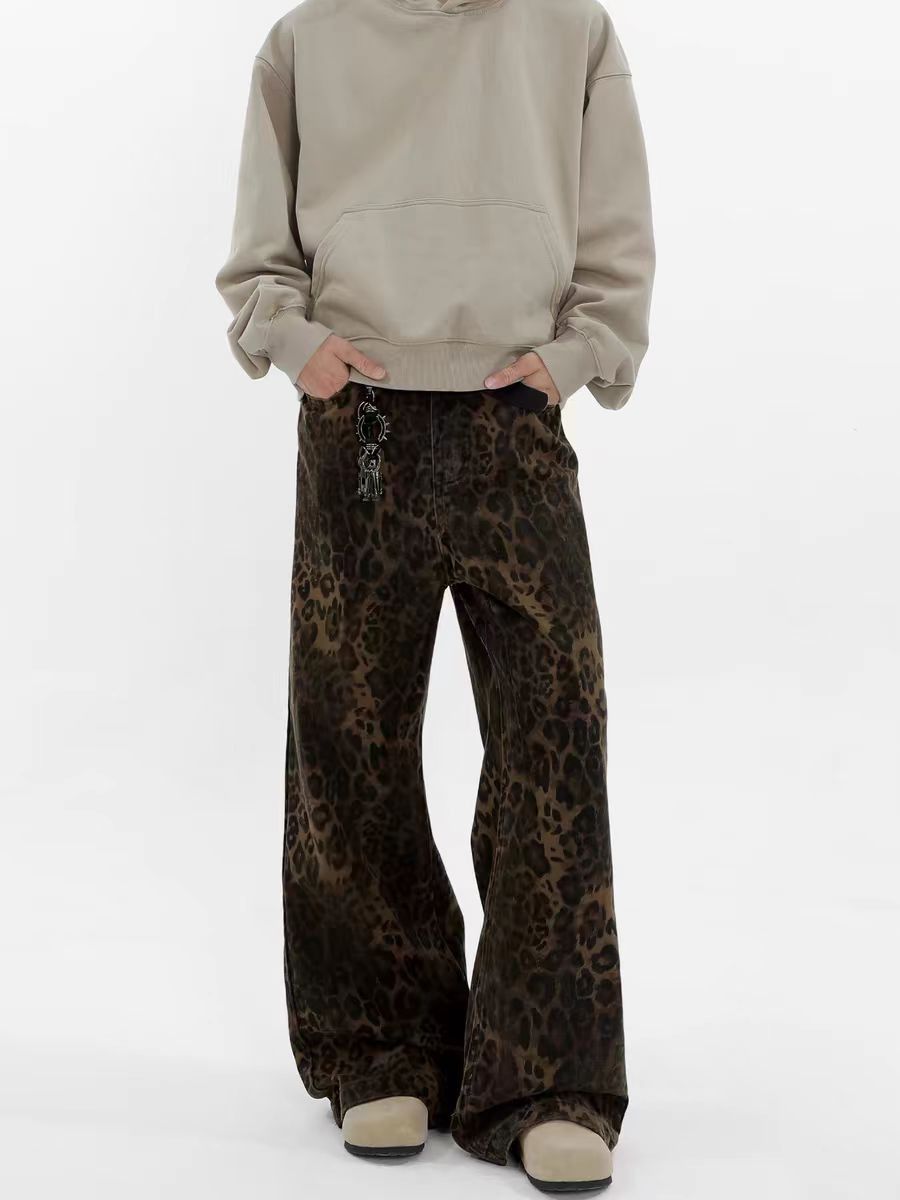 Jean Vintage High Street Hip Hop Leopard Print Wide Leg Jeans Size US 33 - 1 Thumbnail