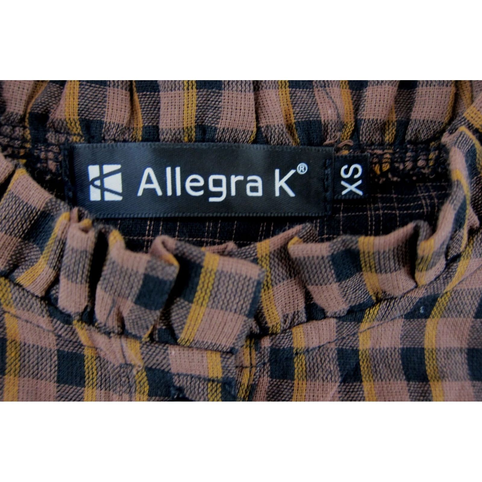 Vintage Allegra K Dress Shirt Brown Black Plaid High Ruffle Neck Button Down Long Sleeve XS Women’s Size XS / US 0-2 / IT 36-38 - 3 Thumbnail