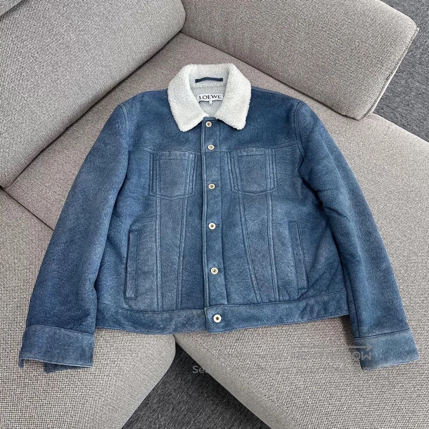 Loewe Blue Shearling Jacket in Size 52.