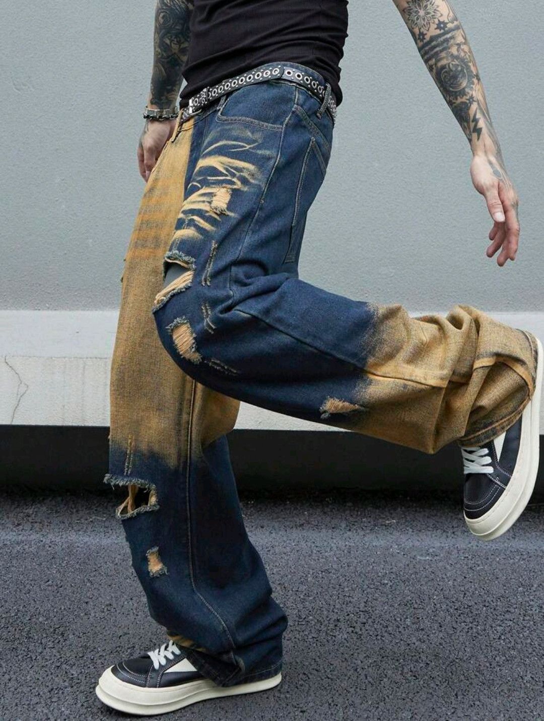 Japanese Brand × Jean Y2K Ripped Blue Yellow Straight Leg Loose Jeans sh Size US 39 - 4 Thumbnail