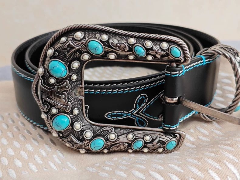 Louis Vuitton Louis Vuitton Turquoise Embroidered Denim Belt-2507 Size ONE SIZE - 3 Thumbnail