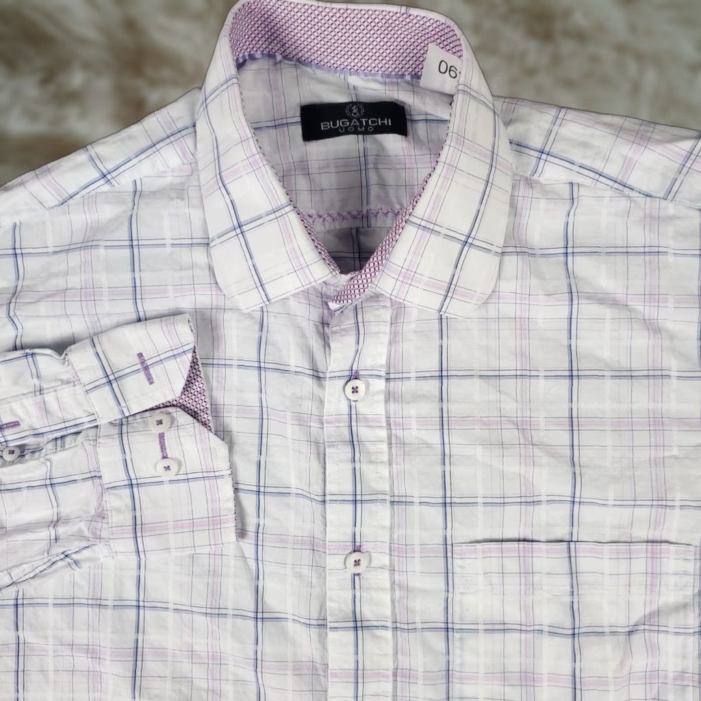 BUGATCHI BUGATCHI Uomo Button-Up Shirt Mens XL White Purple Plaid Long Sleeve Casual Business Preppy Size US XL / EU 56 / 4 - 1 Thumbnail