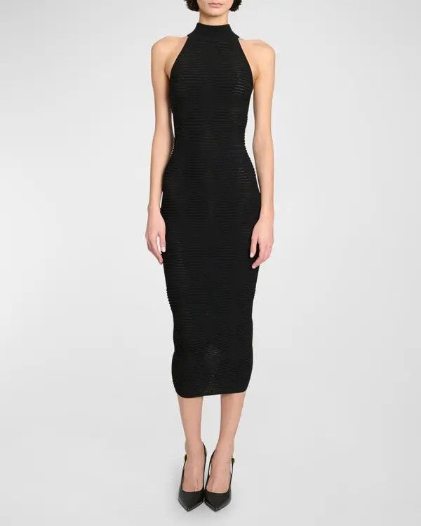 Balmain o1s1wg110725 Diamond Textured Knit Midi Dress in Black Size M / US 6-8 / IT 42-44 - 3 Thumbnail