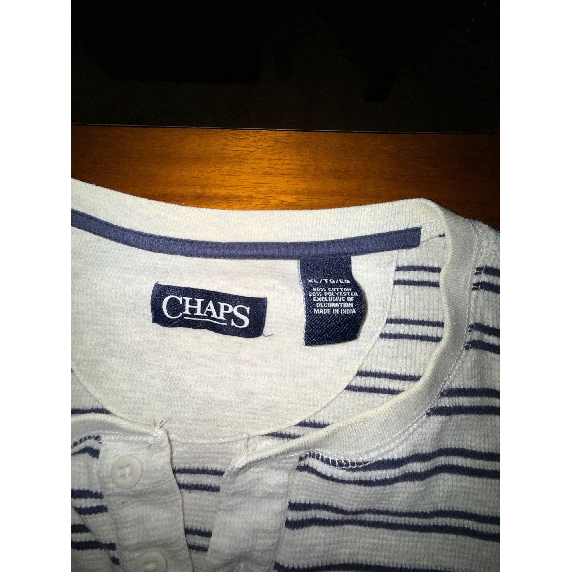Chaps Chaps Mens XL Striped Long Sleeve Henley Shirt White & Navy Size US XL / EU 56 / 4 - 3 Thumbnail